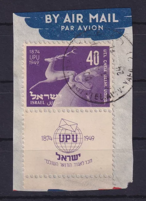 Israel 1950 UPU Hirsch Mi.-Nr. 28 mit Full-Tab gest. auf Briefstück