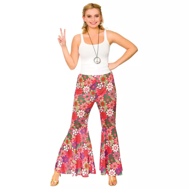 Ladies Womens 60s 70s Hippy Flower Power Bell Bottom Flares Trousers Fancy Dress 2