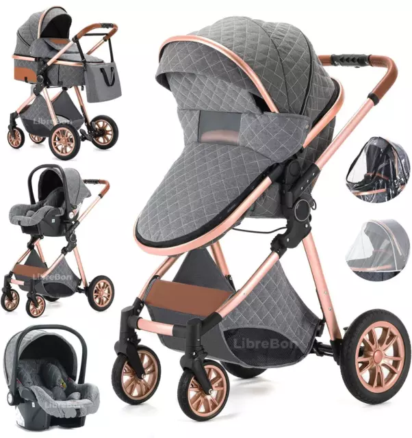 3 in 1 Baby Stroller Foldable Pram Travel System Buggy Pushchair With Car Seat