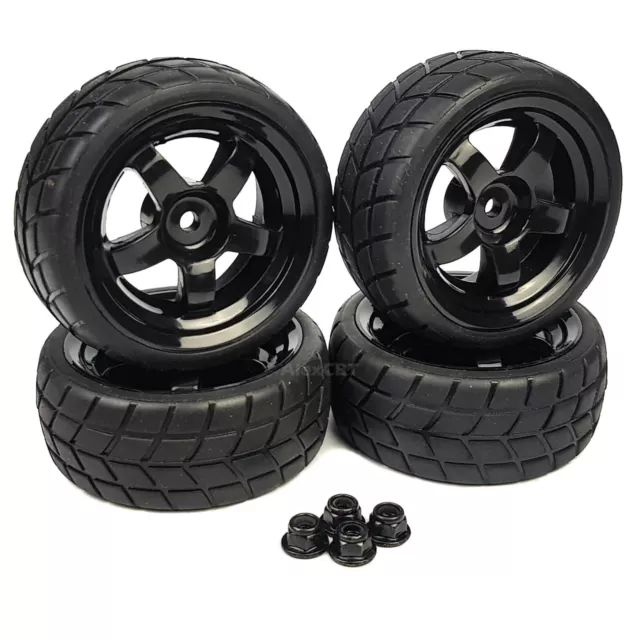 4 x 1/10 RC Road Wheels Tyres 5 Spoke Black for Tamiya TT02 TT01 12mm Hex