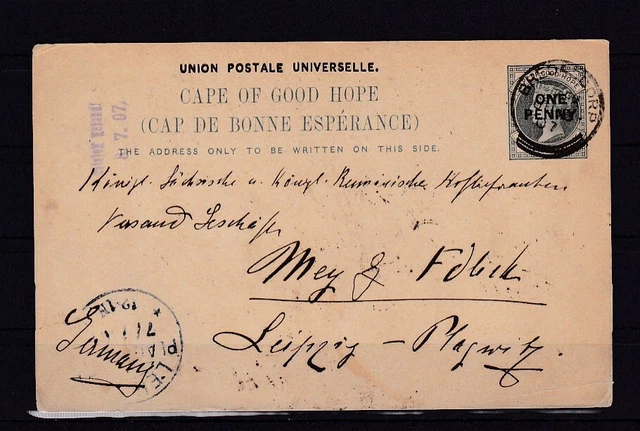 Kap der guten Hoffnung Ganzsache Karte von Bredarsdorp nach Leipzig, 1907