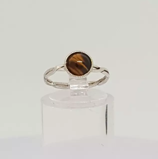 Gorgeous Sparkling Real Tiger's Eye Stone Ring 925 Silver Size J~J1/2 #21428