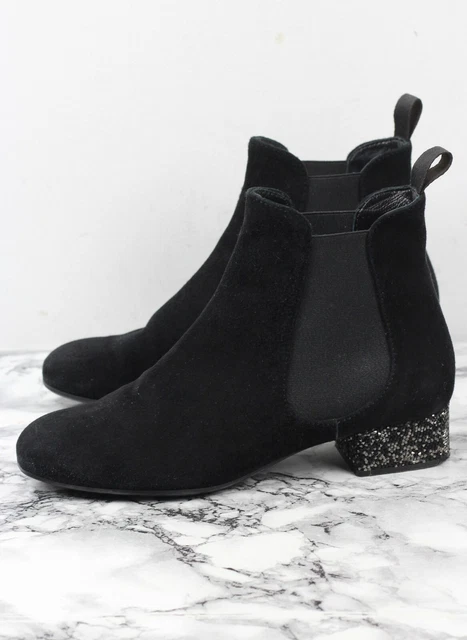 Russell & Bromley Daim Noir Clouté Talon Bottes Chelsea, Pointure Eu 37 /UK 4