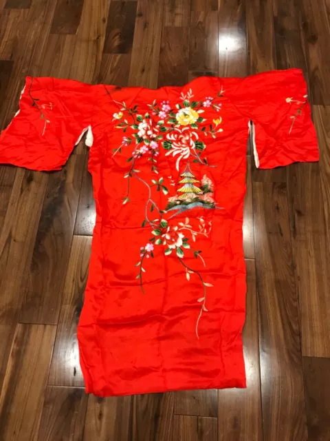 Vintage Red Silk Kimono with Floral Embroidery - free postage