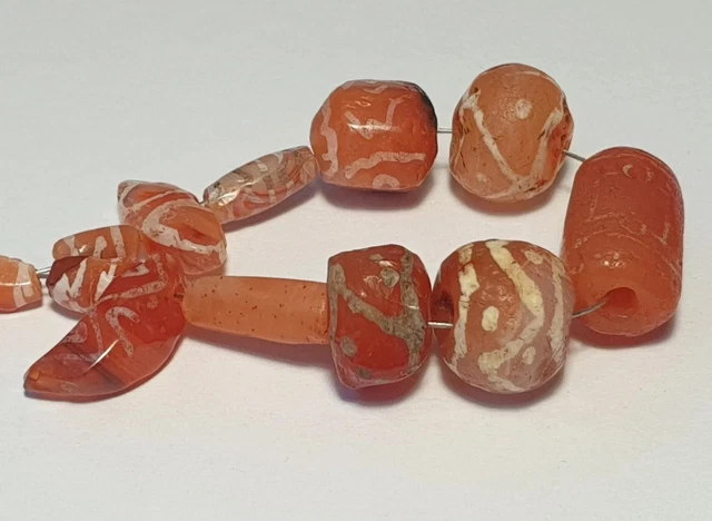 13 Ancient Rare Indo-Tibetan Etched Carnelian Agate Beads