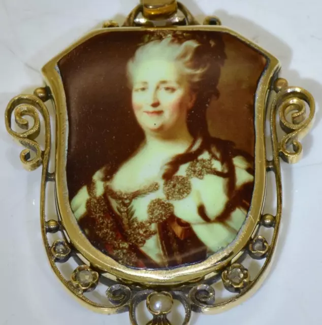 Antique Monarchie Medaillon 18k Gold Enamel-Empress Porträt c1790's