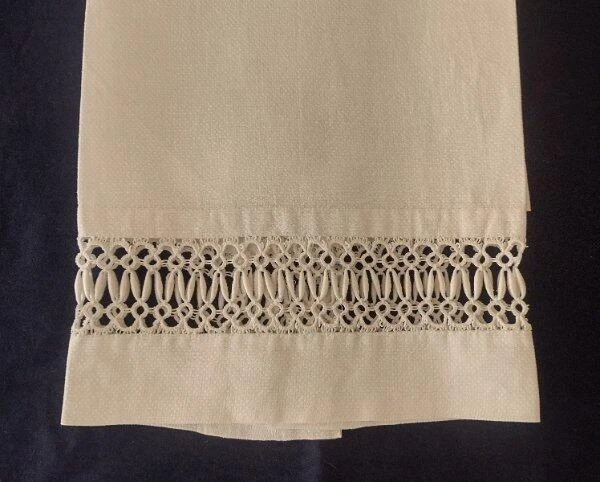 Large Antique Irish Linen Bath Towel Coronation Tatted Lace Greek Key Damask