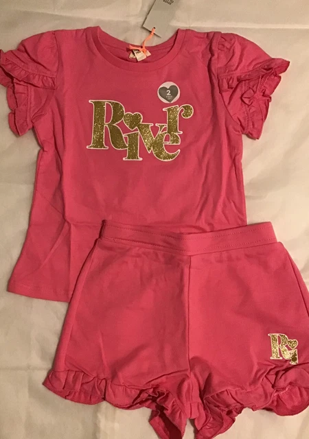 River island mini girls aged 4-5 years pink frill glitter logo shorts set BNWT 11