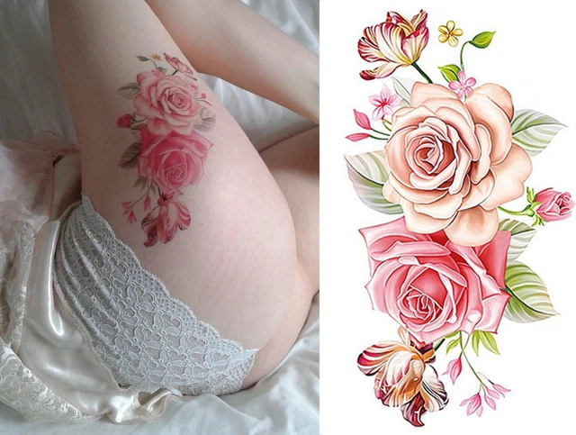 Temporary Tattoo Pink Roses Large Flower Stickers Body Art Fake Waterproof UK