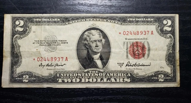 1953 A02448937A $2 Two Dollar Bill Red Seal  Star Note