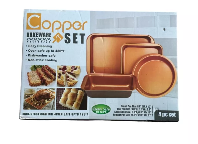 4 Pc Copper Bakeware Set - Dishwasher Safe Round-Loaf-Square-Roaster Pan - NEW