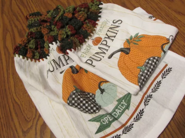 Fall Hanging Kitchen Dish Towels, Crochet Top Towel Farm Fresh Pumpkins