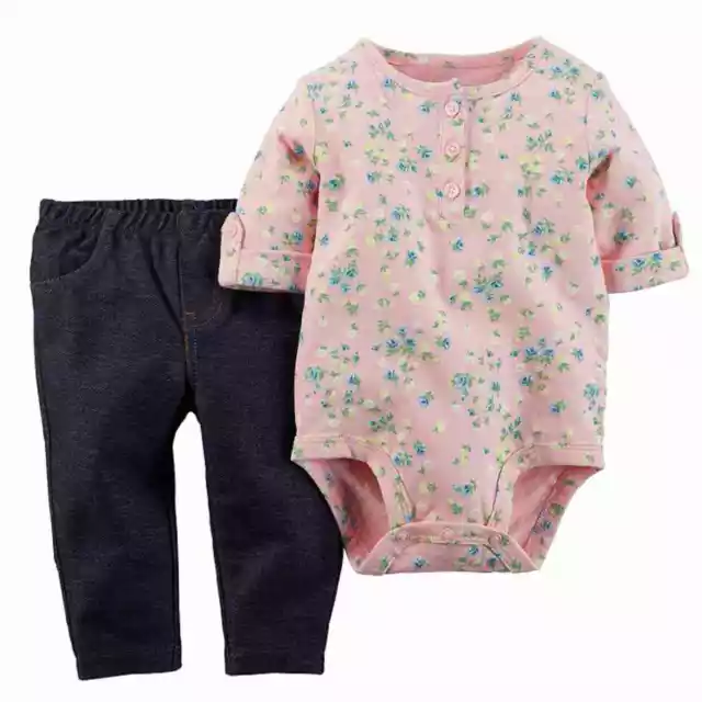 Carters Infant Girls Pink Floral Baby Outfit Bodysuit & Blue Leggings Set