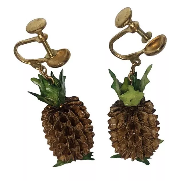 VTG Swinger Pineapple Screw Back Earrings 1 1/8" Figural Fruit Salad Girlcore 2
