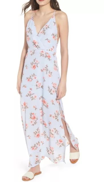 Lush Womens Sleeveless V Neck And Back Floral Print Maxi Dress Blue Medium