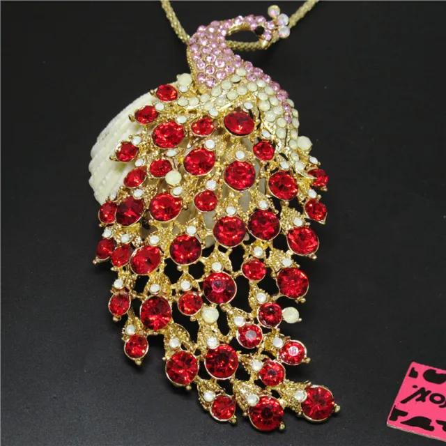New Betsey Johnson Red Rhinestone Cute Peacock Crystal Pendant Chain Necklace
