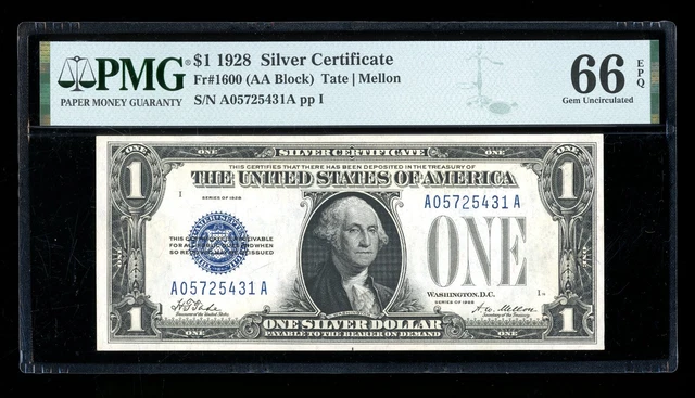 DBR 1928 $1 Silver Gem Fr. 1600 AA Block PMG 66 EPQ Serial A05725431A
