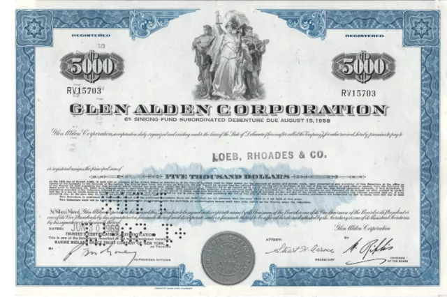 Glen Alden Corporation - Original Note Certificate -1969 - RV15703