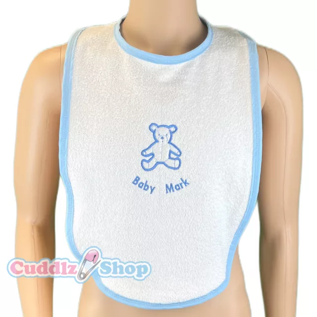 Cuddlz Personalised Adult White Teddy Bib With White Blue Pink or Black Edging