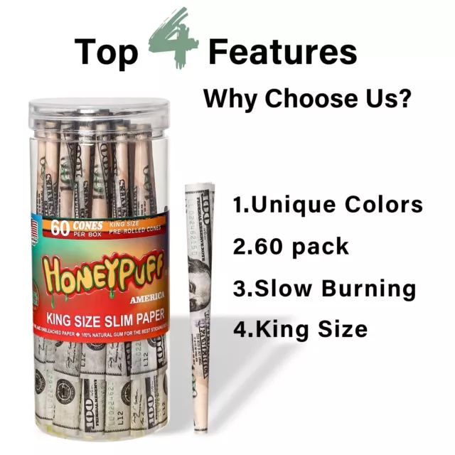 HONEYPUFF Dollar Bill King Size 60 Cones Pre Rolled Paper Cones with Filter Tips 2