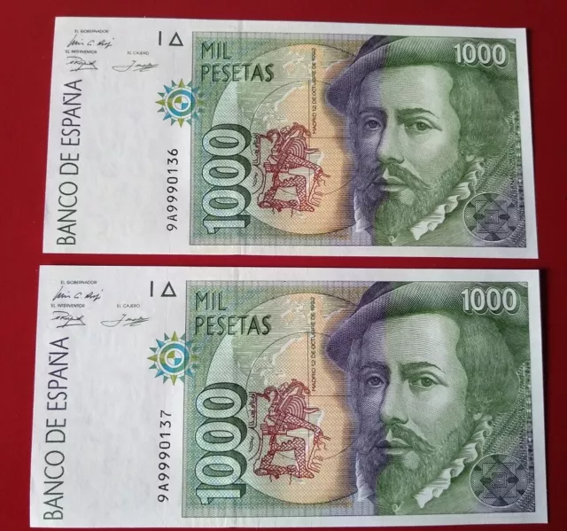 Pareja Correlativa De Billetes De 1.000 Pesetas 1992 Serie Especial 9A Plancha