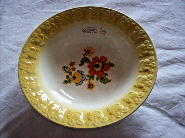 Bowl , Berne, Pa.  -Clarence B. Kline, Barber, embossed edge colorful, adv.