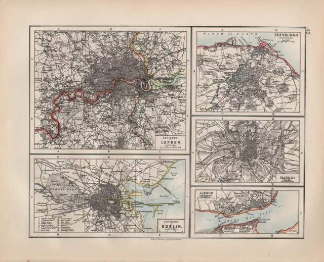 1900 Victorian Map ~ Environs Town Plan London Dublin Edinburgh Madrid Lisbon