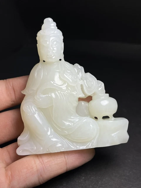 Chinese Exquisite Handmade Guanyin Carving Hetian Jade Statue