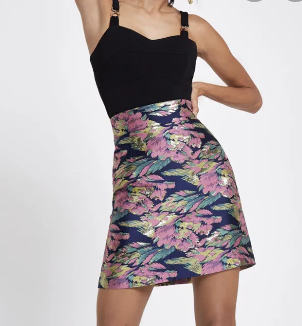 River Island Womens Blue & Pink Floral Jacquard Mini Skirt UK 6 RRP £45! BNWOT