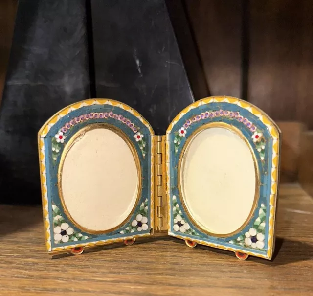 Antique Italy Miniature Micro Mosaic Small Oval Double Picture Frames Photo