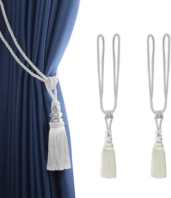2 Pack Curtain Hand-Woven Tiebacks Crystal Holdbacks Home Decorative (White, 2 P