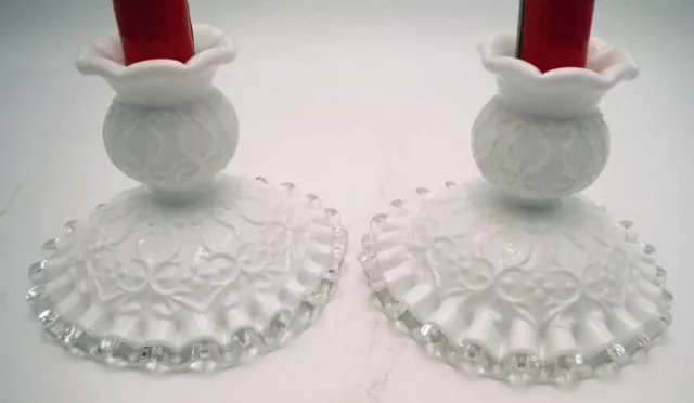 Fenton Milk Glass Silver Crest Spanish Lace Candle Holders Candlesticks Set of 2
