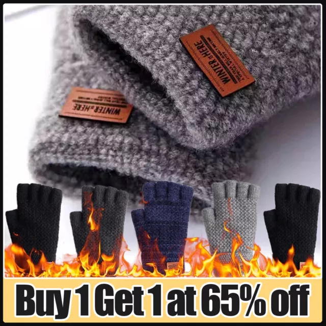 Thermal Fingerless Gloves Mens Womens Knitted Warm Winter Half Finger Mittens UK