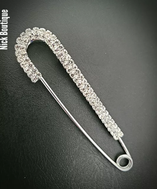 Large Safety Pin Crystal Brooch Silver Fly Plaid Kilt Sash Vintage Look Gift