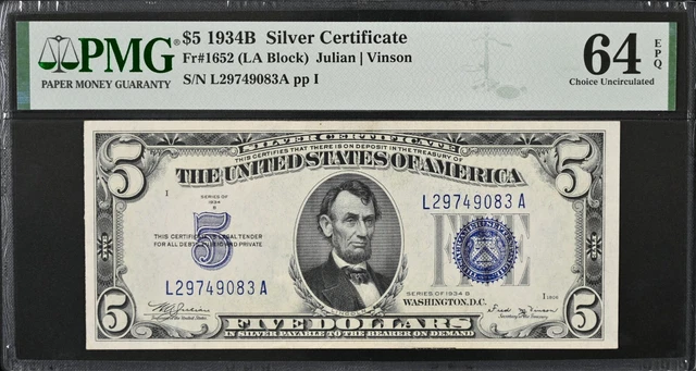 1934-B $5 Silver Certificate Fr#1652 "La" Block Sn#L29749083A Pmg 64 Epq