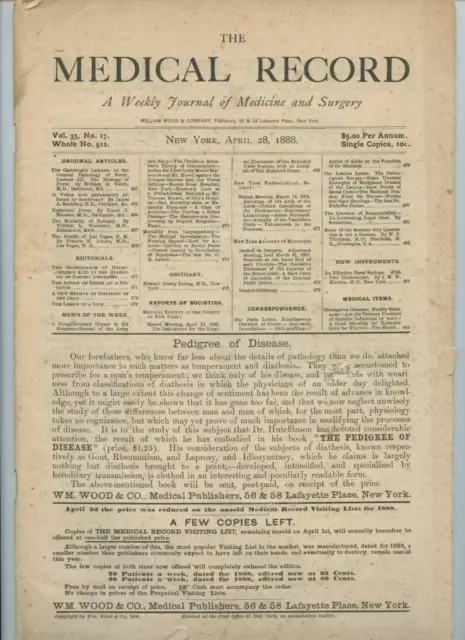 4/28 1888 New York Medical Record Journal Medicine Surgery Doctor Trade Magazine