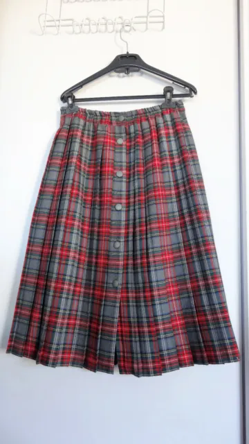 Jupe longue plissé Scotland en Laine motif carré rouge gris noir Vintage