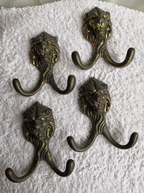 Antique Cast Brass Lion Head Double Coat Hooks Set of 4