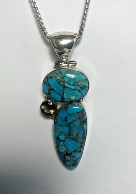 Spiderweb Two Turquoise & Smoky Quartz Solid Sterling Silver Pendant Wholesale!!