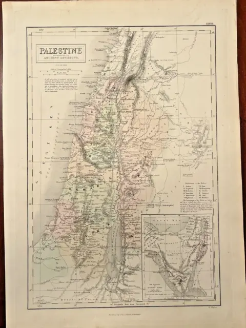1849 Map Palestine Ancient Divisions, Israel, Exodus Route, Sinai by A & C Black