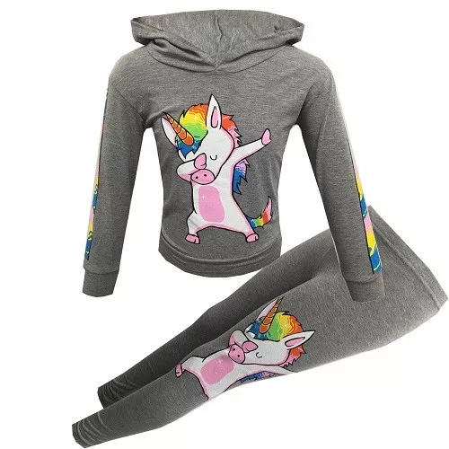 Girls Kids Rainbow Unicorn Outfit Top Leggings Set Grey Age 6 7 8 9 10 11 12 13
