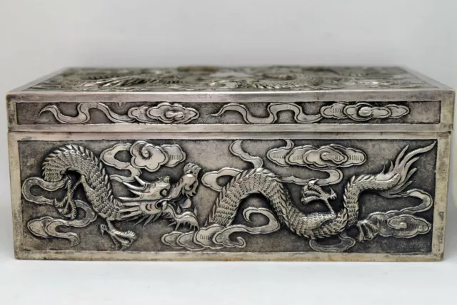 Old Chinese Sterling Silver Embossed Dragon Jewelry Box Signed