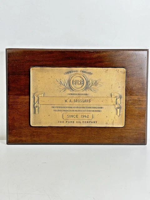 Vintage Original 1942 Pure Oil Company Award Plaque Collectible Decor