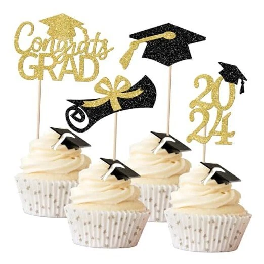 36 PACK 2024 Graduation Cupcake Toppers Glitter Congrats Grad 2024 Gold