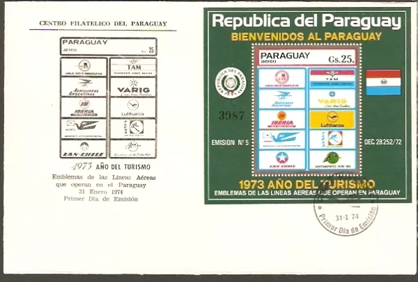 2035 Paraguay Fdc Cover 1974  Ss Stamp Aviation Airlines