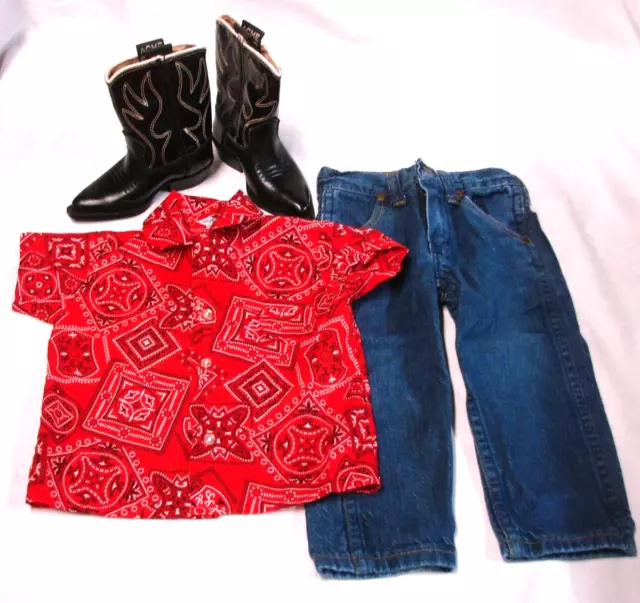 1970's LITTLE BOY'S WESTERN OUTFIT- ACME BOOTS/MAVERICK JEANS/DIAPER JEANS SHIRT