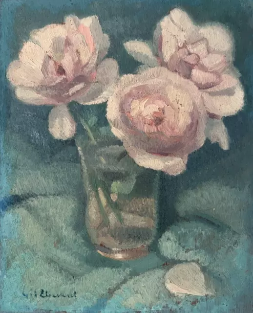 Pintura antigua ramo de flores óleo ramo de rosas rosas, jarrón firmado