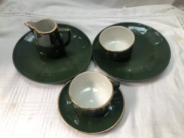 Apilco Green and Gold Plates x2 16.5cm +cup Saucer Sugar Bowl, milk ,Worn FAB
