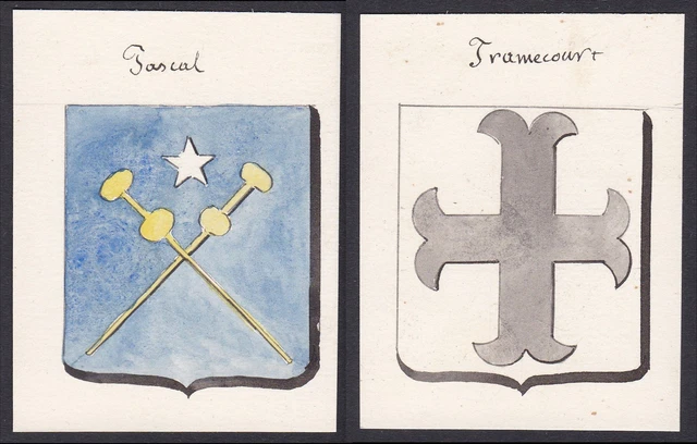 19. Siglo Tramecourt Pascal Francia Escudo Nobleza Abrigo De Arms Acuarela