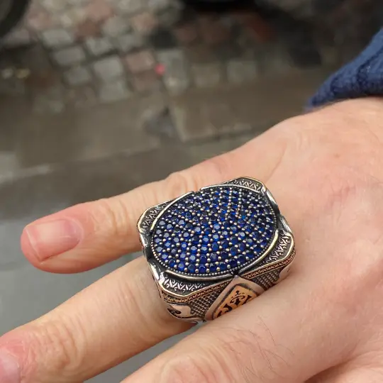 Silver Large Ring , Sapphire Stone Ring , Turkish Handmade Ottoman Style Ring